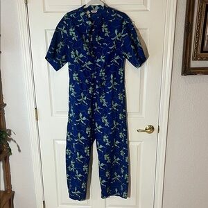 The Kit Colorful Cobalt Blue Abstract Green Floral Pattern Jumpsuit, Sz M/L